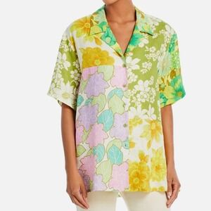 ALÉMAIS 100% Linen Floral Patchwork Short Sleeve Shirt Womens sz 0 Multi-Color